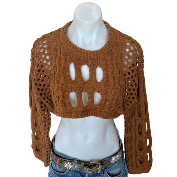 Cider Brown Open Knit Cropped Sweater MEDIUM Grunge Boxy Oversized NEW - Picture 2 of 5